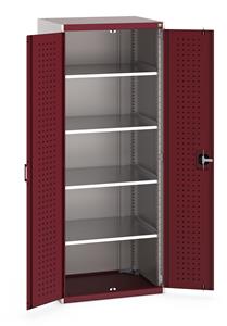 40020117.** Heavy Duty Bott cubio cupboard with perfo panel lined hinged doors. 800mm wide x 650mm deep x 2000mm high with 4 x100kg capacity shelves....